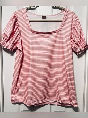 Misifi Pink & White Square Neck Striped Blouse